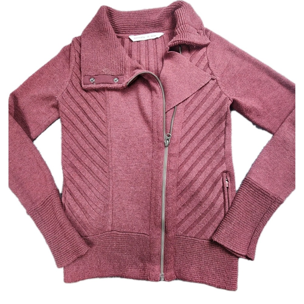 Athleta XS Plum Wool Blend Sweater Jacket Moto Biker Asymmetrical Zip Mission‎